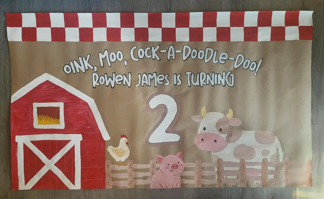 Oink, Moo, Cock-a-Doodle-Doo farm banner for Rowen James turning 2