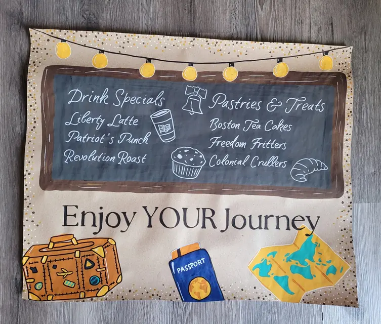 Enjoy Your Journey chalkboard menu banner with travel doodles