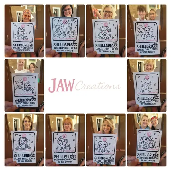 Collage of guests with their finished doodle portraits