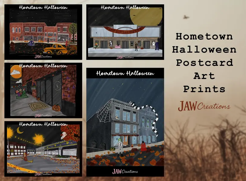Hometown Halloween postcard art prints