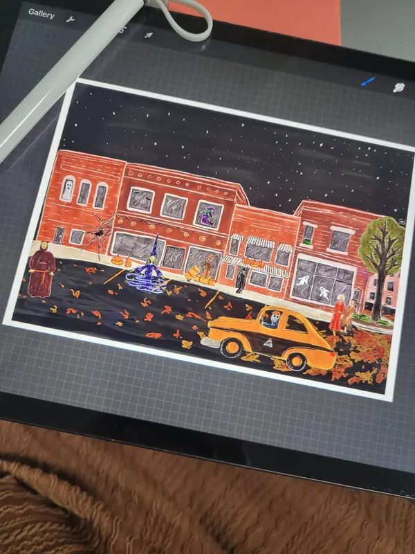 Illustration of a small-town street at night on a drawing tablet