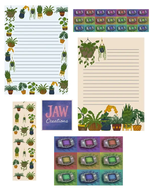 Houseplant-themed stationery and sticker designs