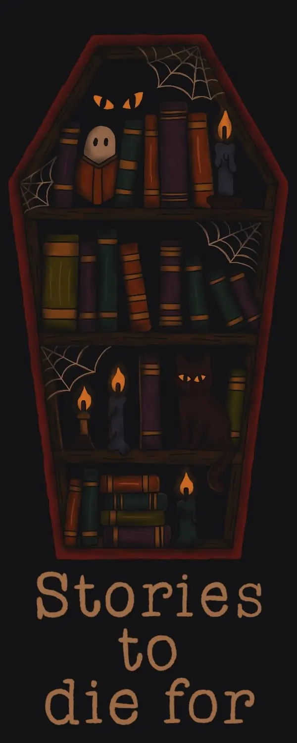 Stories to Die For coffin bookshelf illustration