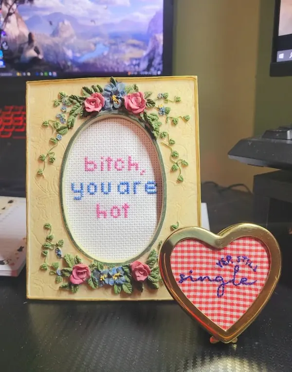 Embroidered frames with floral borders and cheeky cross-stitch sayings