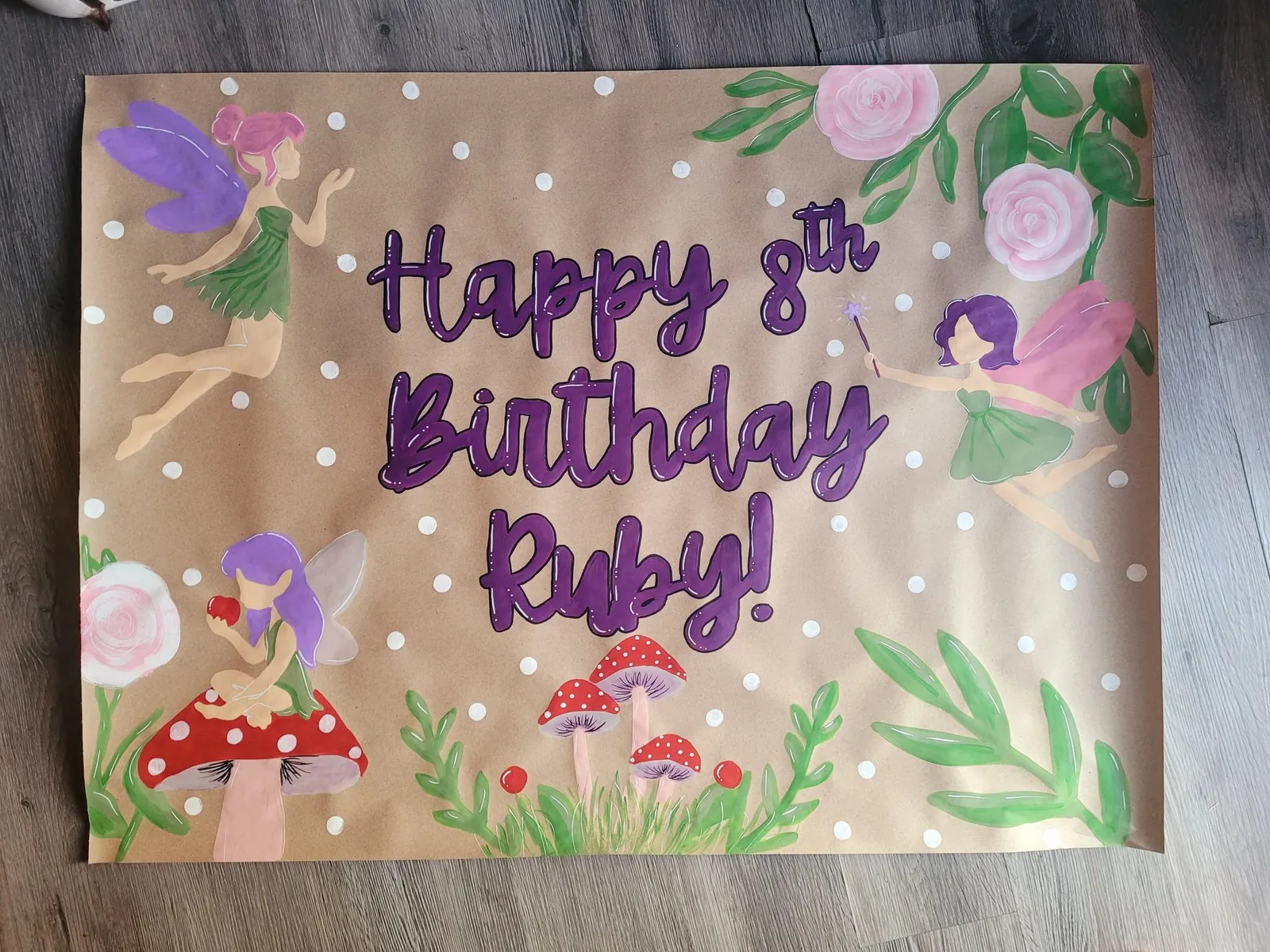 Happy 8th Birthday Ruby banner with fairies and mushrooms