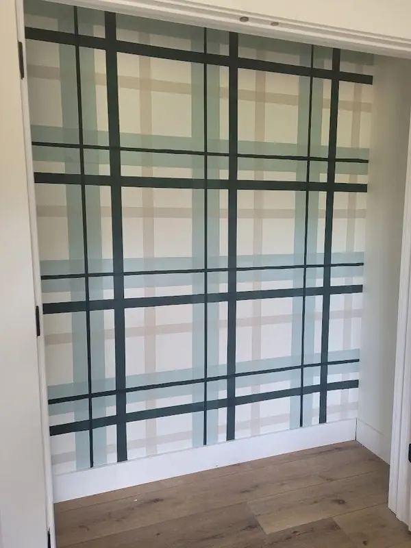 Closet wall painted in a sage and charcoal plaid