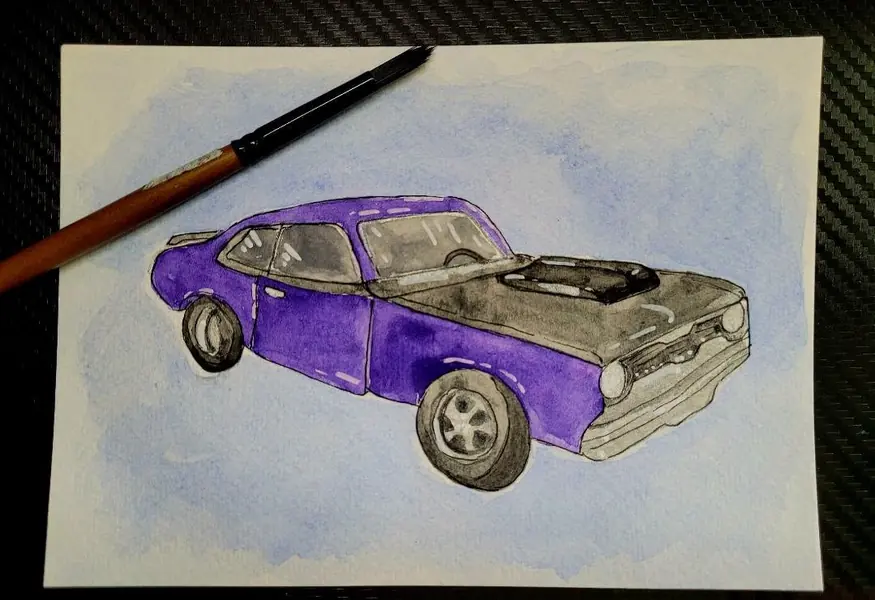 Watercolor painting of a purple muscle car