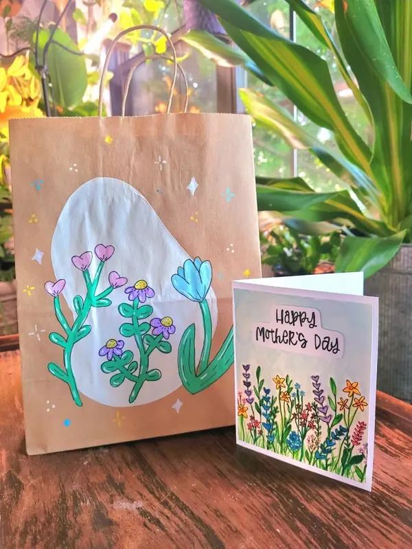 Hand-painted floral gift bag with a matching Mother's Day card