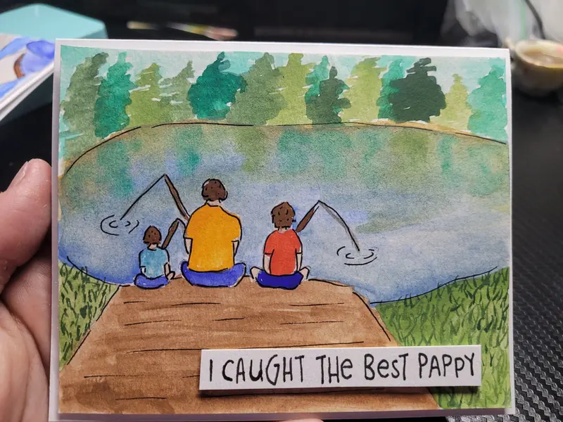 I Caught the Best Pappy card with a grandfather and kids fishing from a dock